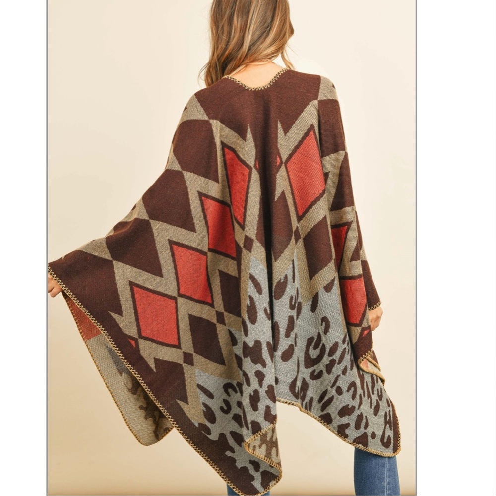 Chevron Leopard Print Sweater Open Front Poncho - image 2